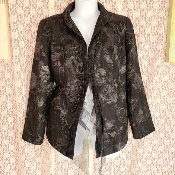 Vintage 90s logo instant chic black tapestry floral ruffle button blazer Sz 18 - Picture 1 of 12
